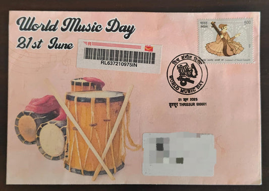 International day for music-  Special cancellation 21.6.2025  On private cover designed by bharatexotics,  Travelled and cancelled from Thrissur