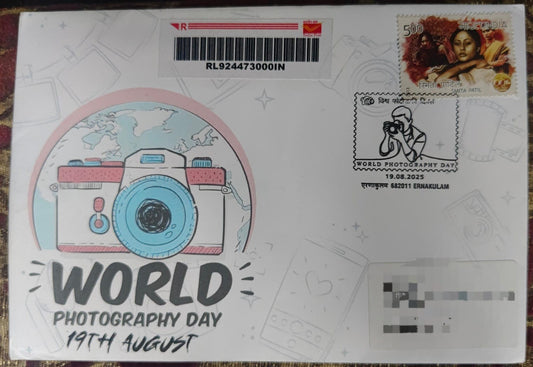 world Photography Day  Special cancellation 19.08.2025  On private cover designed by bharatexotics travelled and cancelled from Ernakulam.