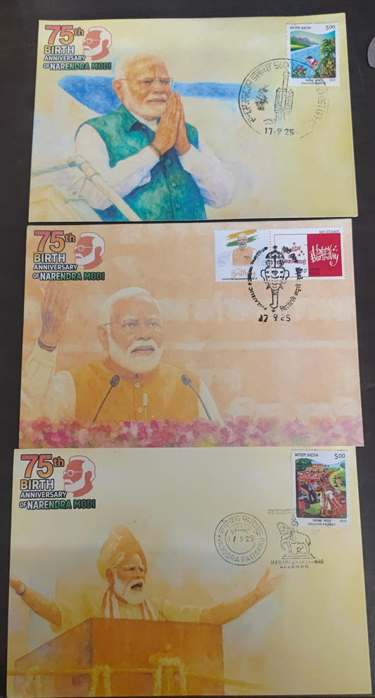 Celebrating 75th birthday of Hon.prime minister Sri.Narendra Modi on 17.09.2025  privately designed three non travelled covers by using suitable Swachh Bharat stamps and happy Birthday my stamp.