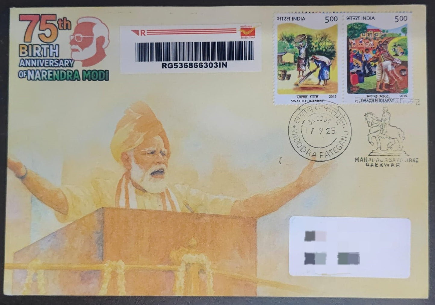 Celebrating 75th birthday of Hon.Prime Minister Sri.Narendra Modi on 17.09.2025  privately designed travelled  cover by using suitable Swach Bharat stamps