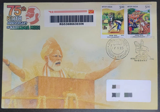 Celebrating 75th birthday of Hon.Prime Minister Sri.Narendra Modi on 17.09.2025  privately designed travelled  cover by using suitable Swach Bharat stamps