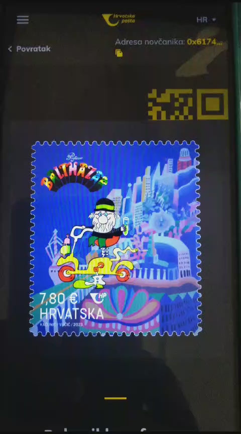 Croatia beautiful crypto currency stamp with Professor Balthazar's Robocycle in 6,000 copies