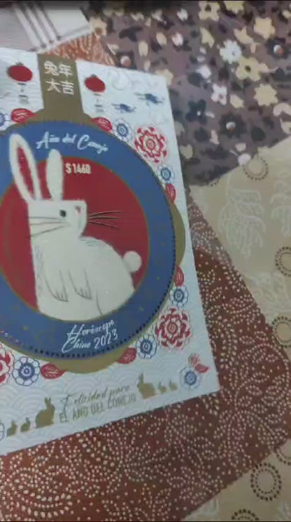 Argentina year of rabbit 🐰🐇  Big round stamp.   With flock/velvet affixed on rabbit  Touch and feel like touching real Rabbit.