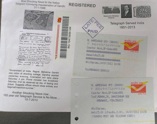 Gandhi's death telegram - most sad telegram.  Printed on India post receipt also.