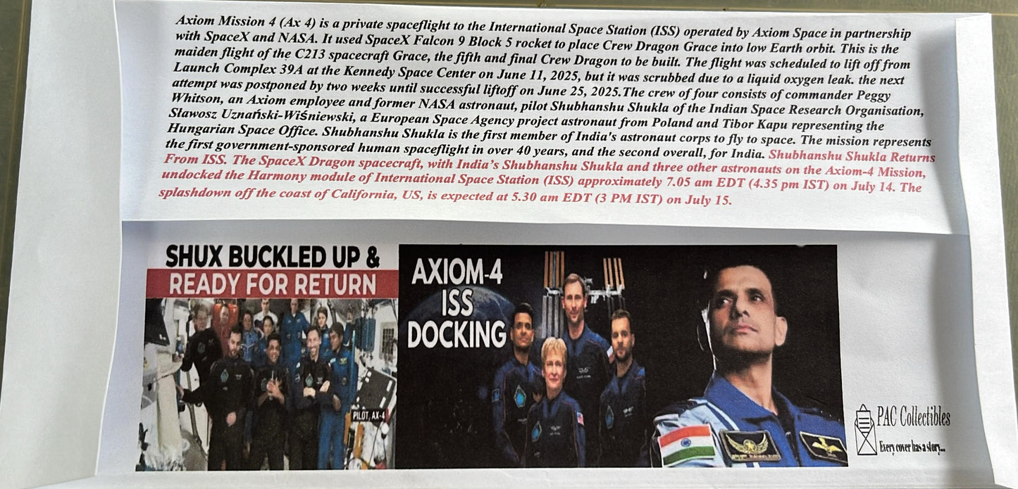 Return of India's 2nd man in space--Group Captain Subhanshu Shukla--special cancellation from MH on private cover