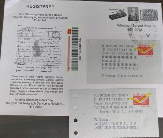Gandhi's death telegram - most sad telegram.  Printed on India post receipt also.