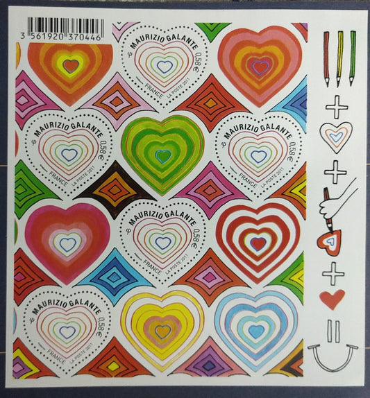 France 2011 five heart ❤️ shaped stamps in a ms. .