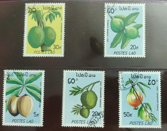 Laos 5 different stamps on fruits .  🍉🍊🍐 Cancelled