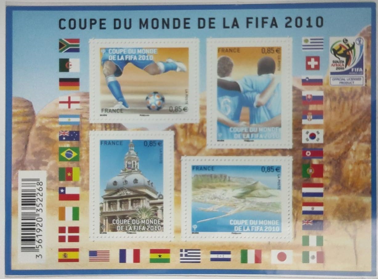 France 2010 MS with 4 stamps on football ⚽.  Featuring participants' Country flags.