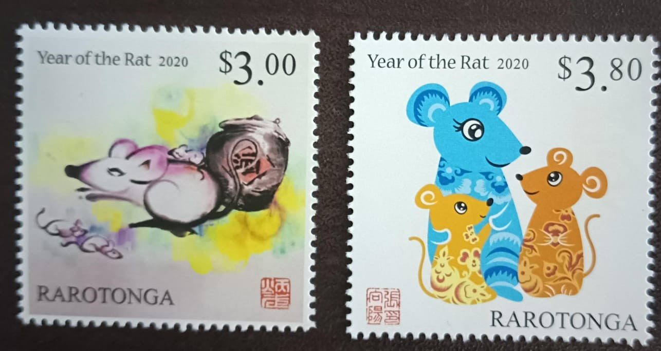Rarotonga pair of stamps on year of rat 🐁