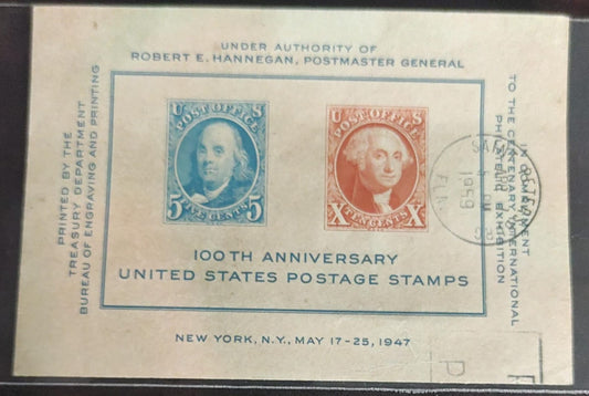 1947 United States postage stamp souvenir sheet commemorating the 100th anniversary of the first U.S. stamps.Occasion: Issued for the Centenary International Philatelic Exhibition