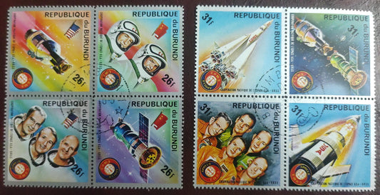 Burundi 2 blocks of 4 = 8 stamps cancelled. On Space theme.