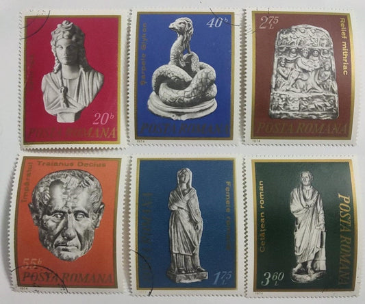 1974 - Romania 6 cancelled big stamps on artifacts.