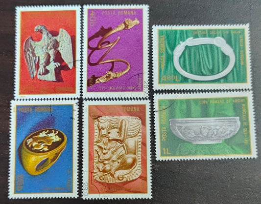 Romania 6 cancelled stamps on antique items