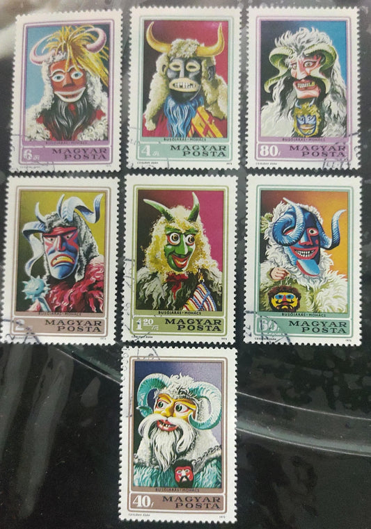 Hungary 1973 set of 7 colourful cancelled stamps on masks