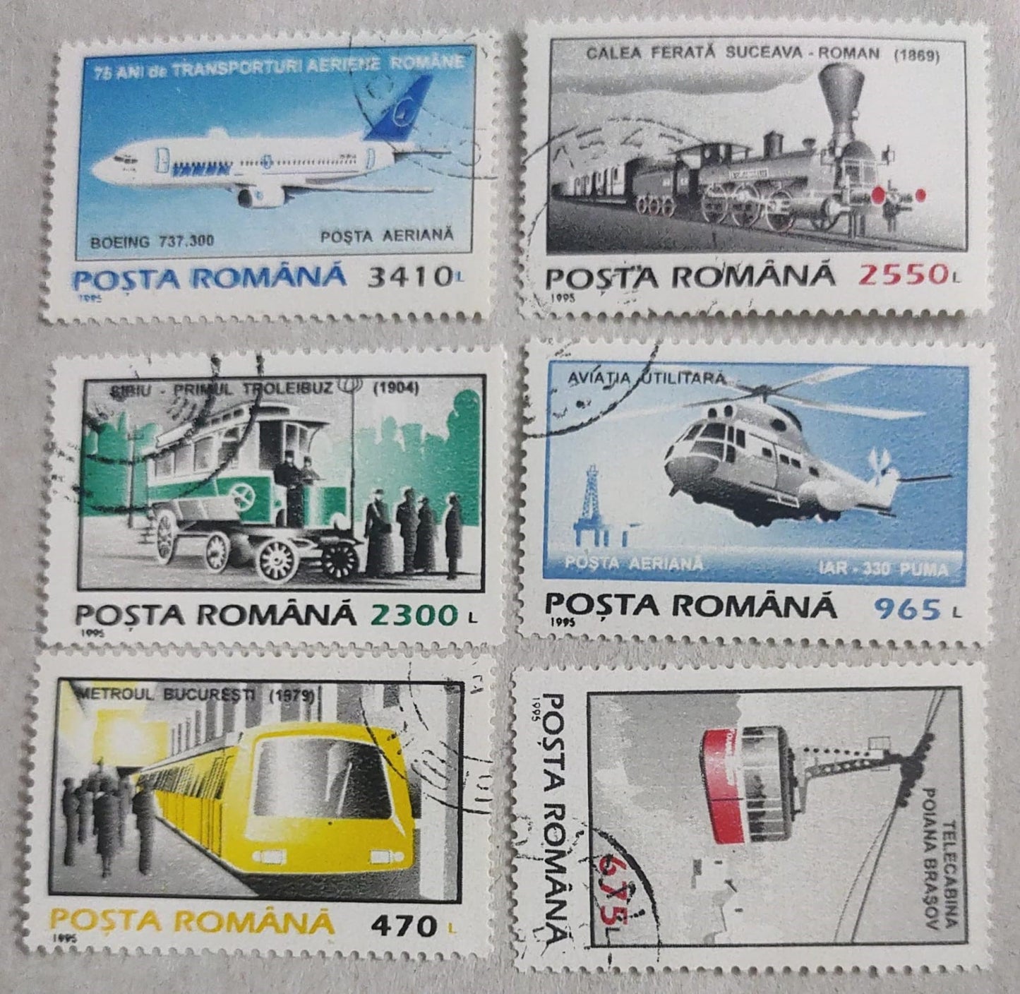 Romania 1995- 6 cancelled stamps on various forms of transport.