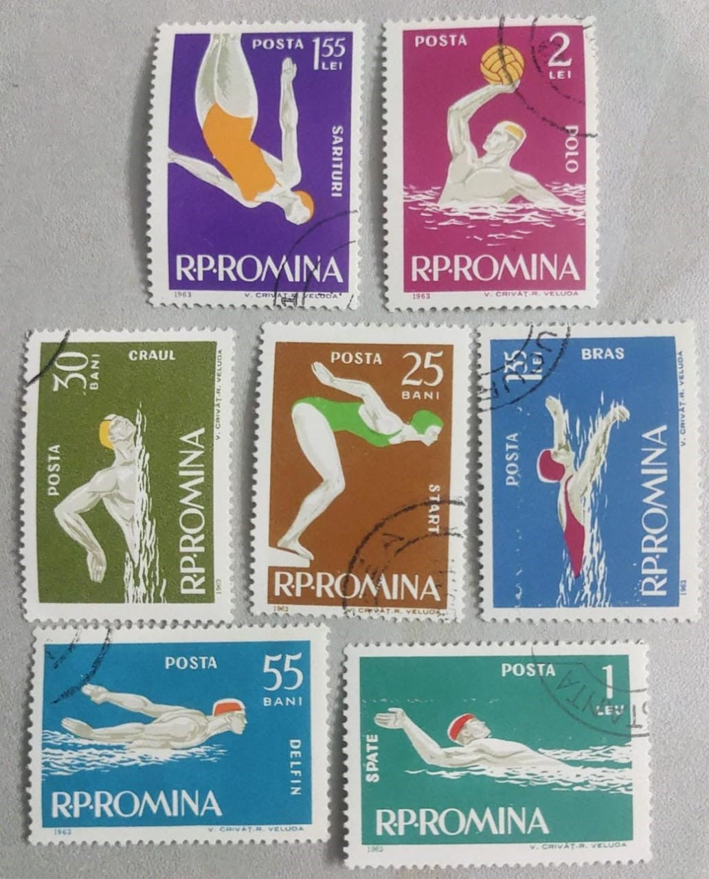 1963 Romania set of 7 cancelled stamps on sports.