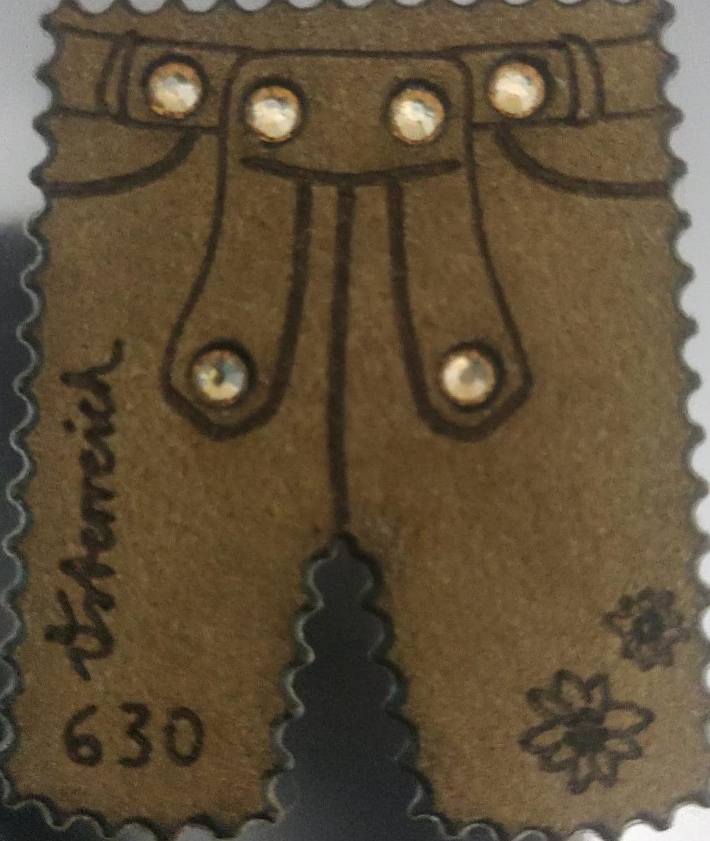 Austria pants 👖 shaped real leather stamp with 6 Sworski crystals  Scarce and high value.