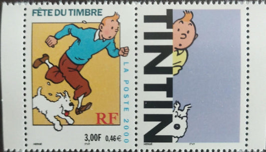 France 2000 single stamp with vignette - Tintin and Snowy.