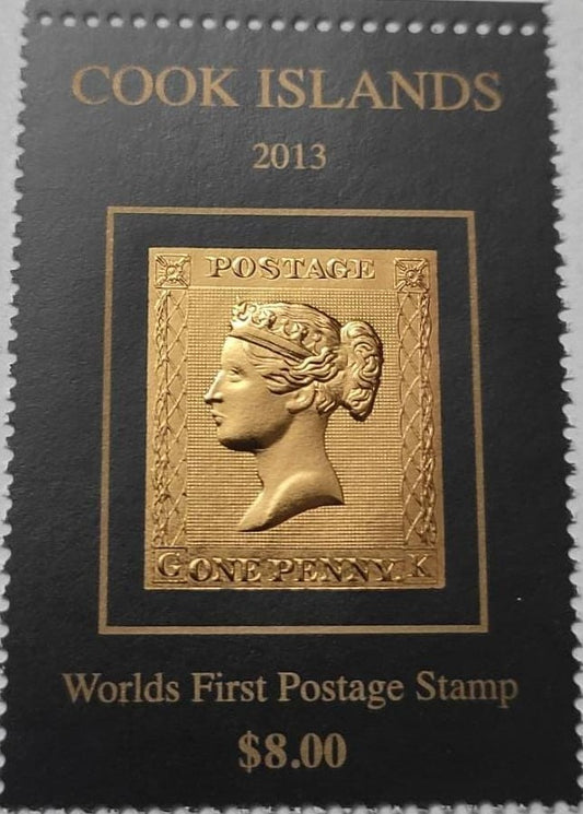 Cook Islands 22ct real gold penny black stamp.
