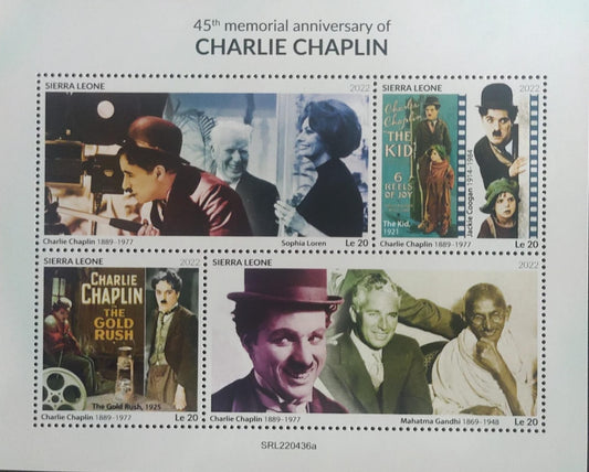 Sierra Leone sheetlet featuring Charlie Chaplin and Gandhiji.