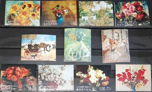 कार्ड बोर्ड पेपर MNH 11v पर मुद्रित भूटान असामान्य पेंटिंग टिकटें