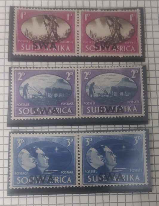 Overprinted SWA South Africa 3 v pairs 1946 victory issue MNH (all stamps are different) difficult to get these identical but different pairs. See close up image to find the difference in identical pairs.  Rare to get full set in MNH