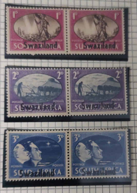 Overprinted Swaziland South Africa 3 v pairs 1946 victory issue MNH (all stamps are different) difficult to get these identical but different pairs. See close up image to find the difference in identical pairs.  Rare to get full set in MNH