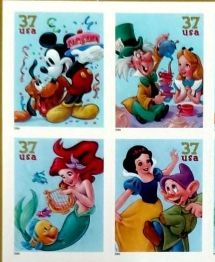 USA Mickey and Disney characters block of 4 different stamps. ... Celebrations