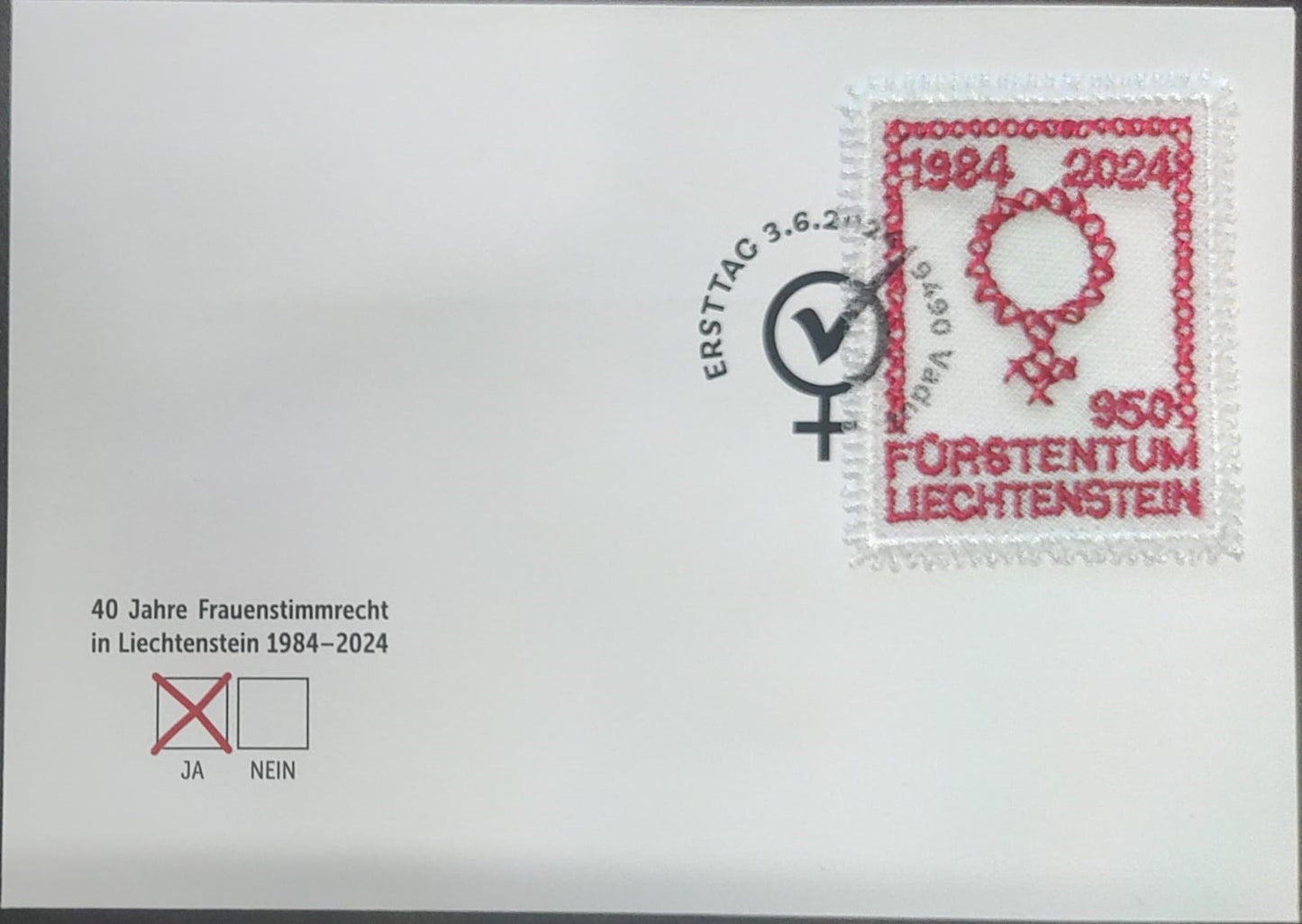 Liechtenstein embroidery stamp on FDC 40 Years of Women's Suffrage in Liechtenstein