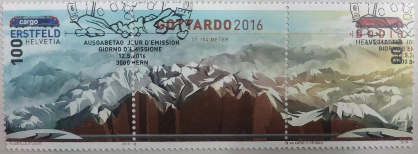Swiss Railways theme stamp setenent set with first day cancellation- unusual Rock powder affixed after collecting rocks to make a railway tunnel-