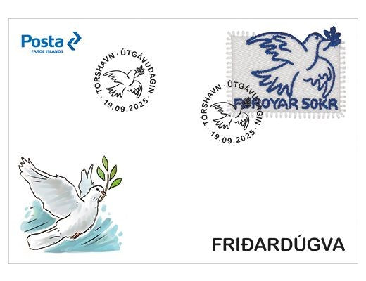 Foroyar island Peace embroidery Dove beautiful  stamp. FDC