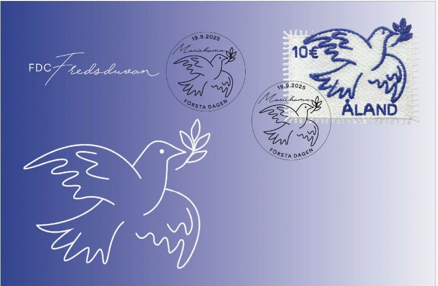 Aland Peace embroidery Dove beautiful High Value stamp. FDC