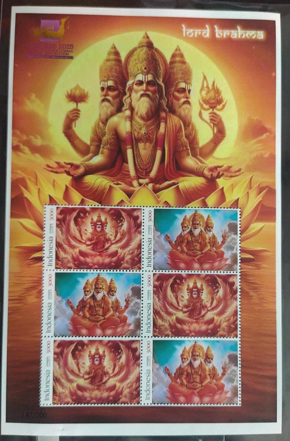 Indonesia Lord Brahma sheetlet- with golden overprint of Thailand 2025 with logo issued during stamp exhibition in 2025