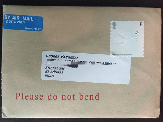 UK- postally travelled cover with embossed stamp on Peace- 100th year of Nobel prize