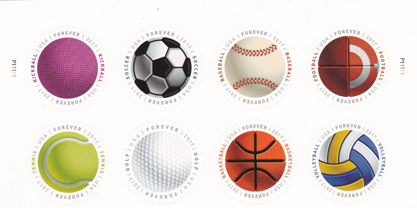 USA uv & thermograpic sheetlet- 8 round stamps on different sports balls