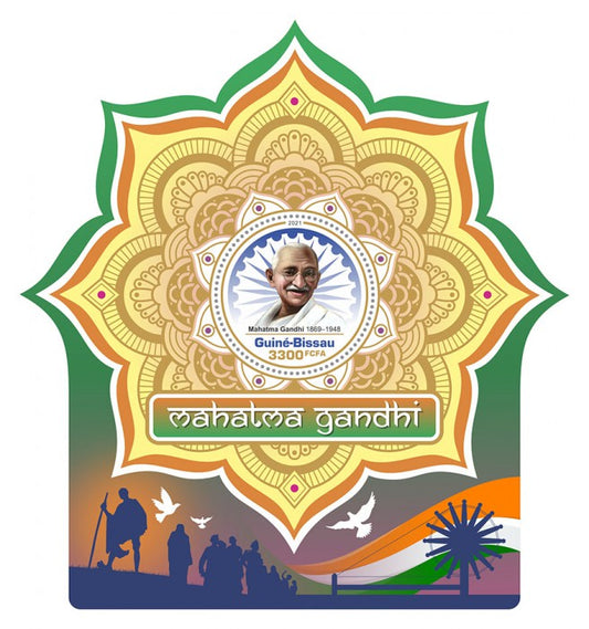 गांधीजी-2021 पर गोल मोहर और असामान्य *गोल्ड फ़ॉइलिंग* के साथ गिनी बिसाऊ अजीब आकार की एमएस।