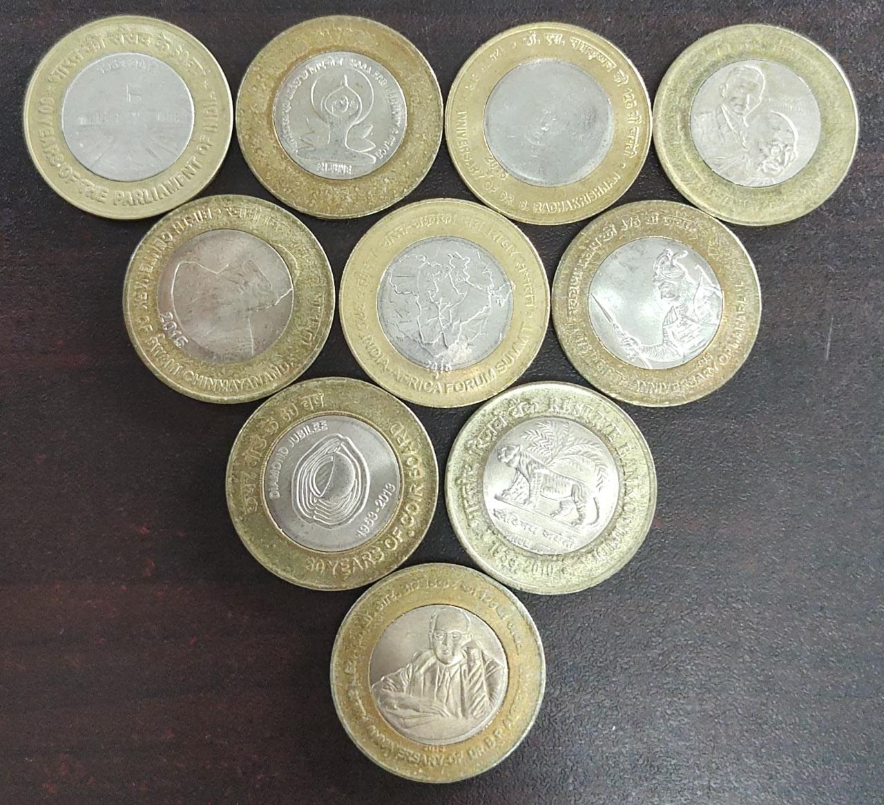 Ten different commemorative coins of India.