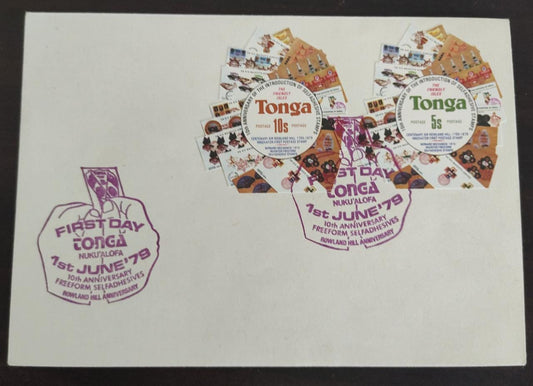 Odd shaped stamps FDC from Tonga- commemorating 10 years of self adhesive stamps . Self adhesive stamps first were issued in 1969.