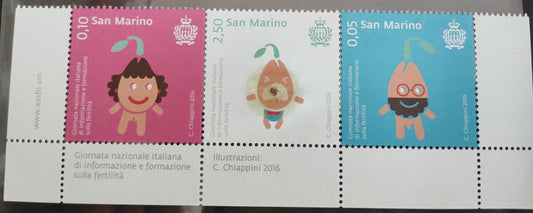 San Marino 2016 setenent stamps with real seed affixed in the middle stamp.