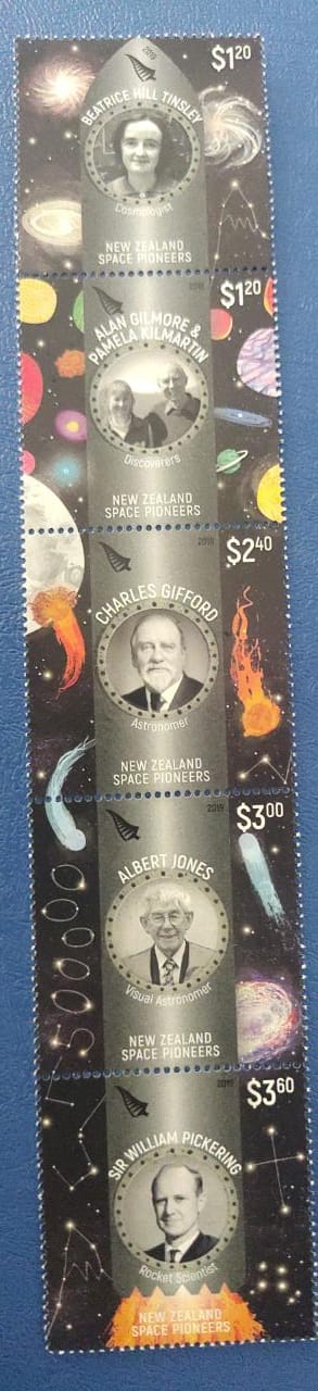 Scarce now NZ 2019 issued a setenent strip of 5 stamps with meteorite rock dust affixed on all stamps