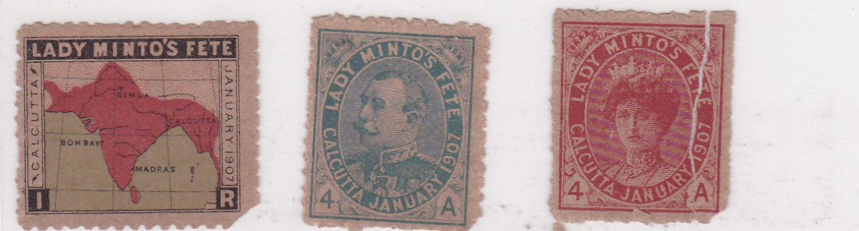 Minto Fete stamps on the occasion of Lady Minto's fete in Calcutta three stamps were printed with denominations of 4a,4a&1r