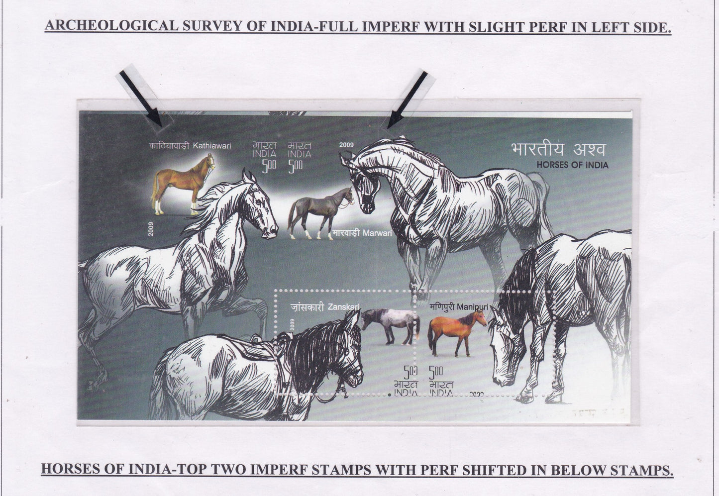 Horses of India Error ms- Top 2 stamps full imperf-Bottom 2 stamps perforation shifted.