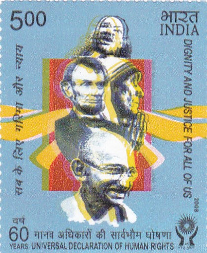 India Error-60 yrs of universal declaration of human rights-stamp featuring Gandhiji,Abraham Lincoln,Mother Teresa