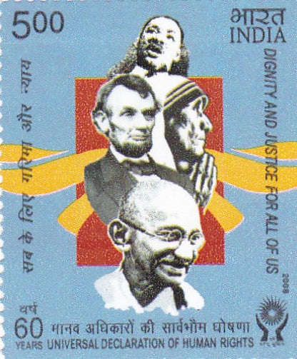 India Error-60 yrs of universal declaration of human rights-stamp featuring Gandhiji,Abraham Lincoln,Mother Teresa