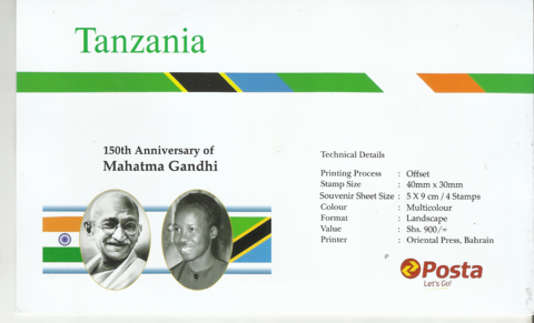 Tanzania Gandhi Presentation Pack having 3 stamps  - 150th anniversary.2019