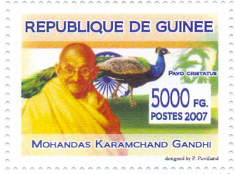 Republique de Guinee-Mahatma Gandhi with Parrot,Rhino,Peacock