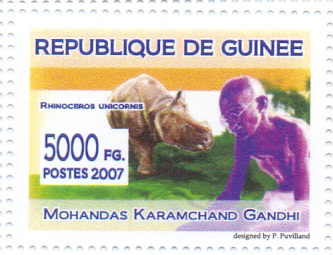 Republique de Guinee-Mahatma Gandhi with Parrot,Rhino,Peacock