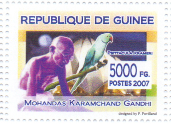 Republique de Guinee-Mahatma Gandhi with Parrot,Rhino,Peacock