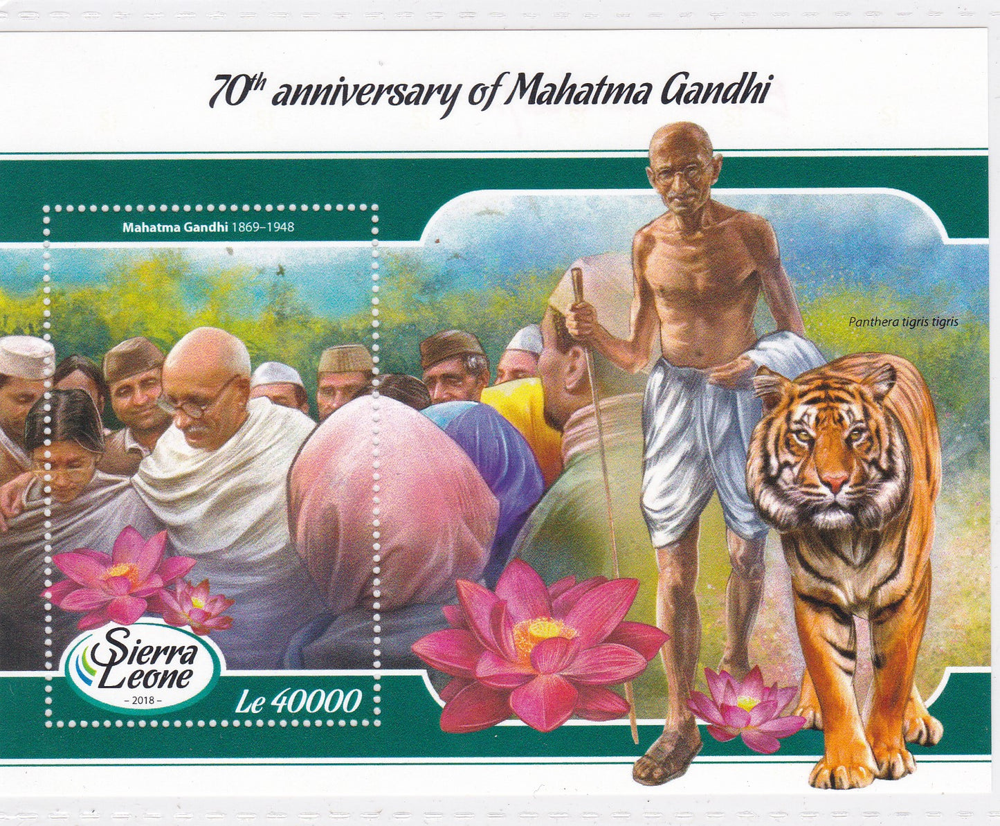 Sierra Leone 1 value ms of 2018 on Gandhi with Lotus flower & Tiger